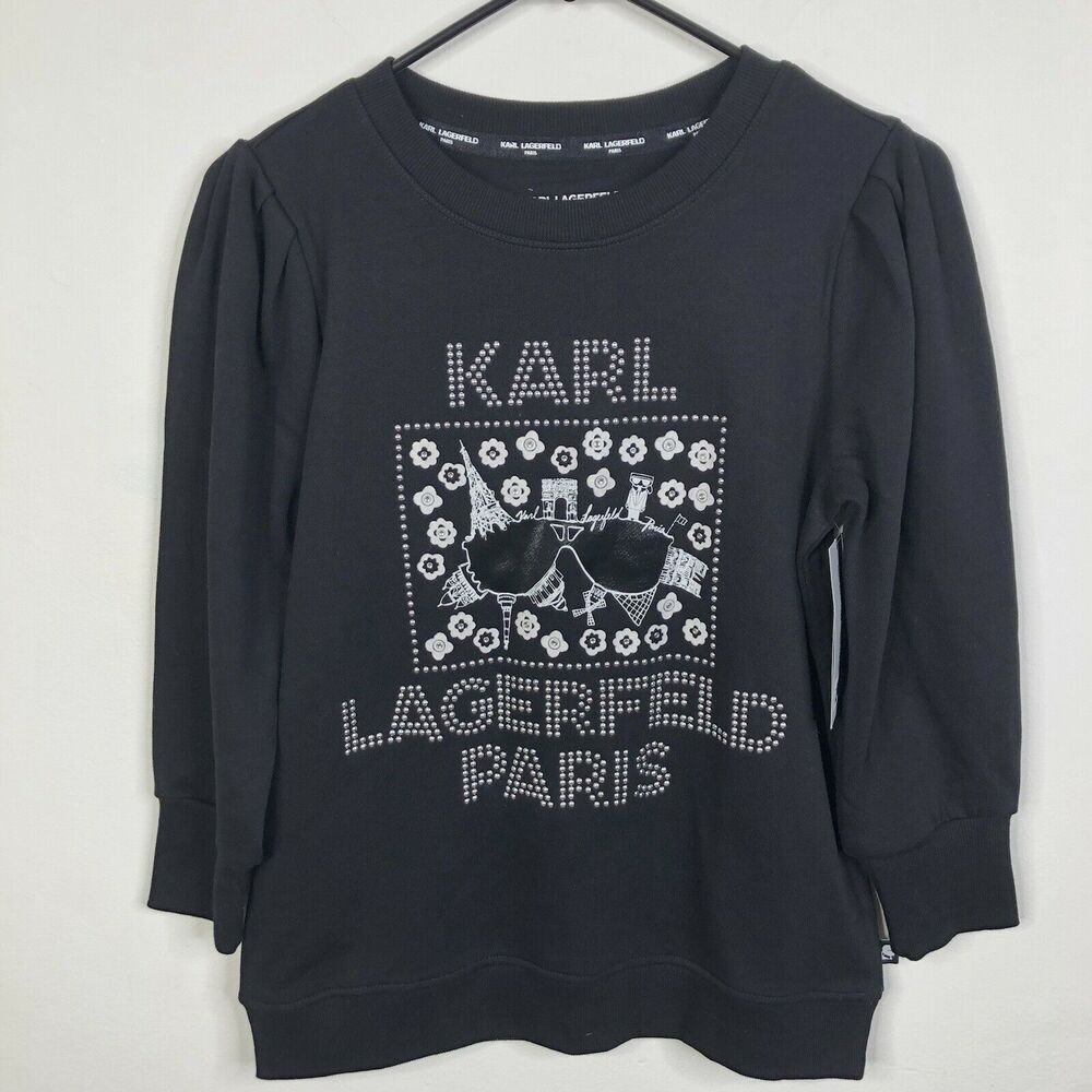NEW KARL LAGERFELD PARIS Studded Logo Sunglasses Black Pullover Sweater Size XS